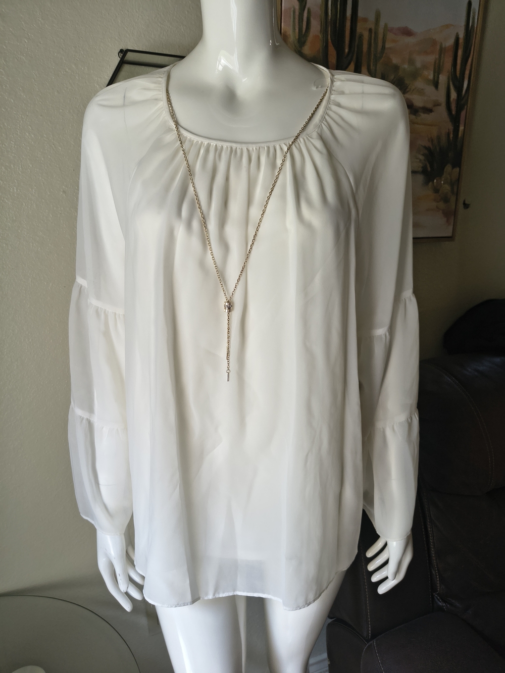 JM Collection White Long-Sleeve Peasant Blouse with Tiered Sleeves